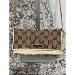 GUCCI GG Monogram Metal Bar Continental Flap Wallet with Chain Strap